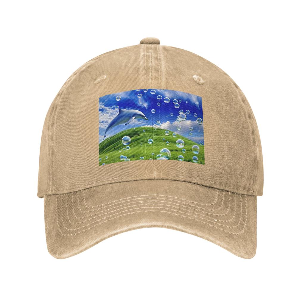 Frutiger Aero Dolphin y2k Aesthetic Meadow with Bubbles and Mountains and Sky Denim Fabric Cap Baseball Caps Hat Baseball Hats