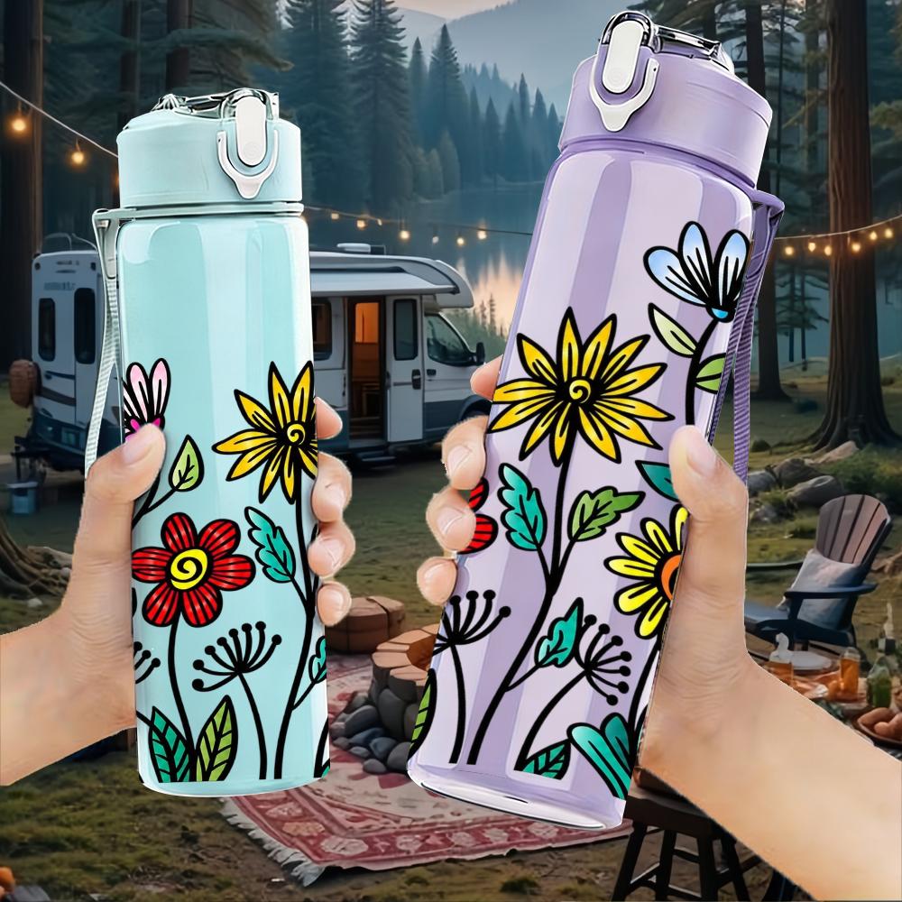 1PC Multi Wildflower Daisy Bouquet 750ml Color Plastic Sports Water Bottle Leakproof Flip Straw Lid Suitable for Sports Office Home Use