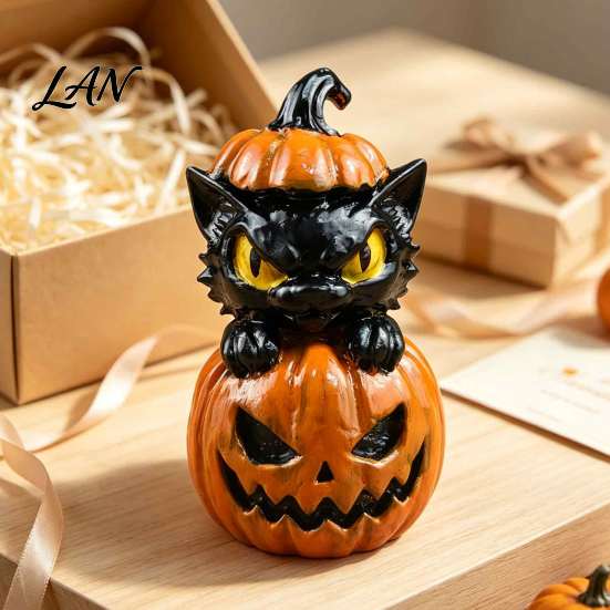Spooky Tabletop Centerpieces Halloween Black Cat & Pumpkin Resin Ornaments, Cute Desktop Figurines, Office Desk Seasonal Ornaments Cartoon And Statue