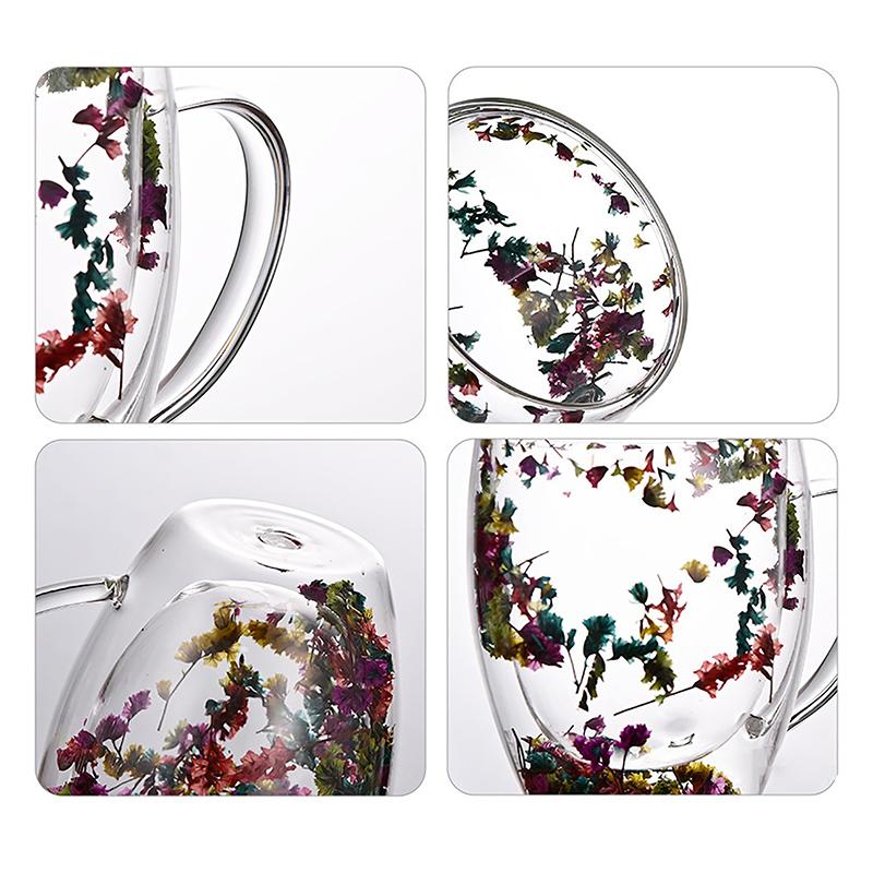 350Ml Fillings Dry Flowers Double Wall Glass Cup With Handle Heat Resistant Tea Coffee Cups Espresso Milk Mug Creative Gift