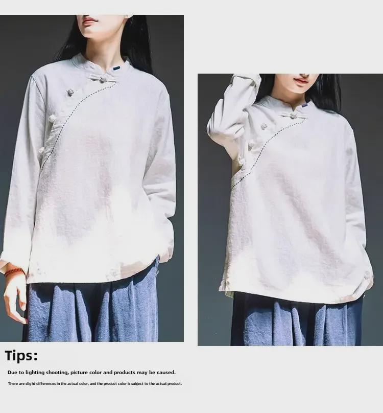 Damska bluzka z bawełny i lnu w stylu retro z długim rękawem: Wiosna/Lato, Krój Slim Fit, Stójka/Asymetryczny Kołnierz