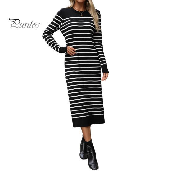

Платье женское осень-весна с круглым вырезом, полосатым принтом, облегающим кроем, длинными рукавами, длиной до середины икры, трикотажное платье миди для свиданий и поездок на работу S чёрный