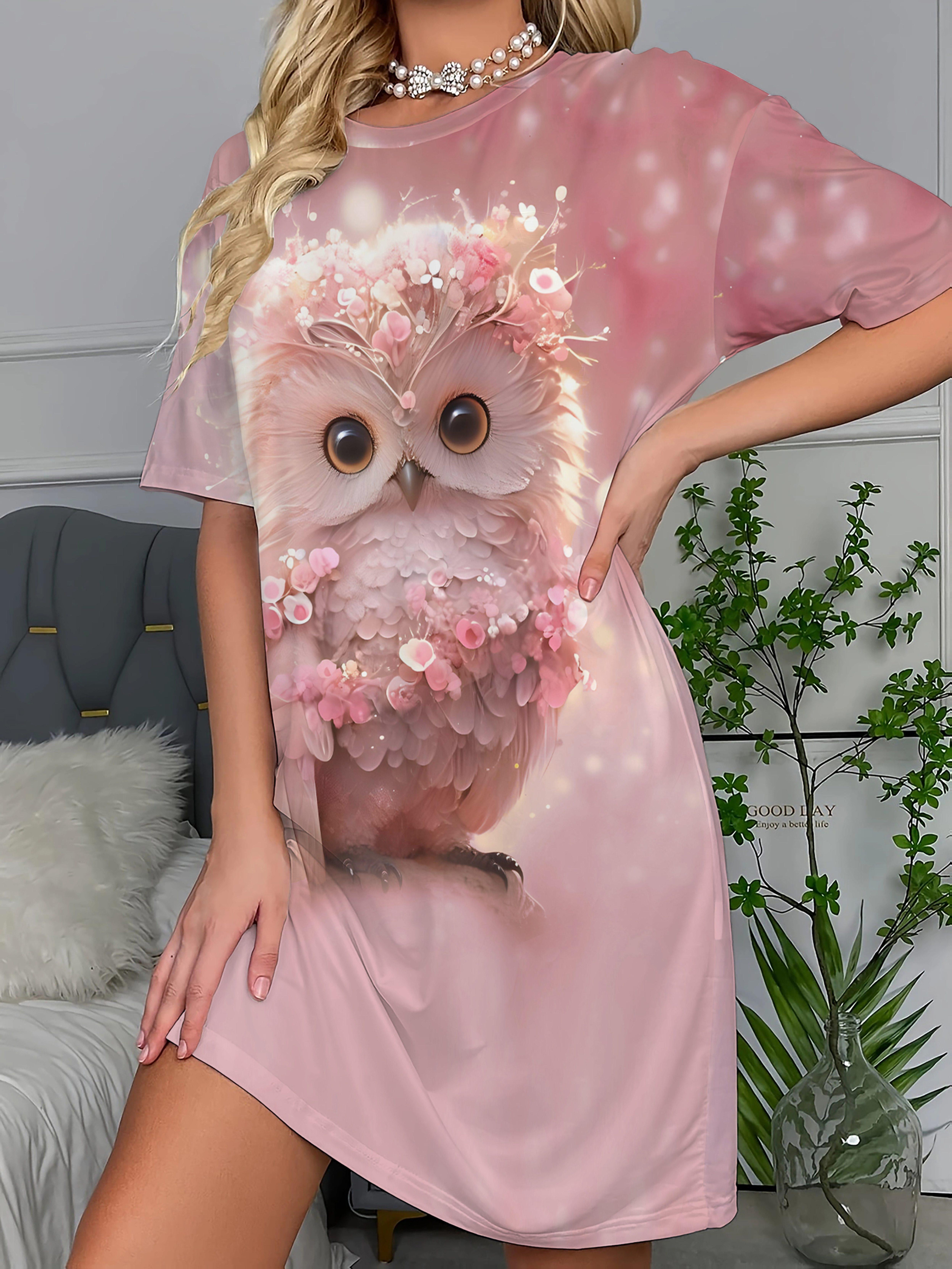 

Elegant Short-Sleeve Crew Neck Night Dress with Cute Owl Print Perfect for Adult. All-Season Comfort S дубильная кора