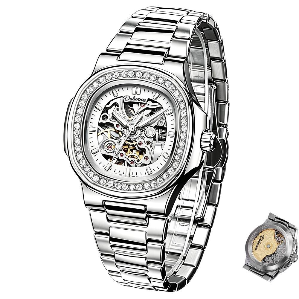 Skeleton Mechanical Watches Rose Gold Case Diamond Bezel Luminous Waterproof Fluororubber Strap Watch