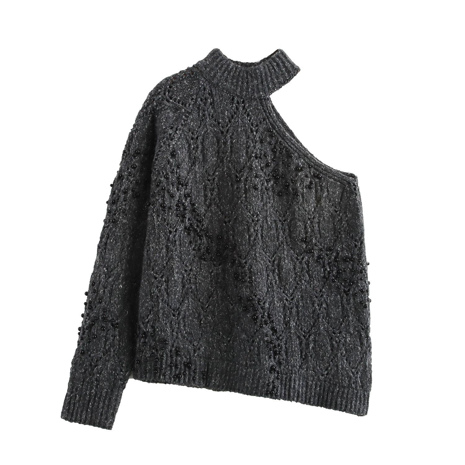 

2024 Autumn Asymmetrical Off-Shoulder Beaded Knitted Sweater for Women Large