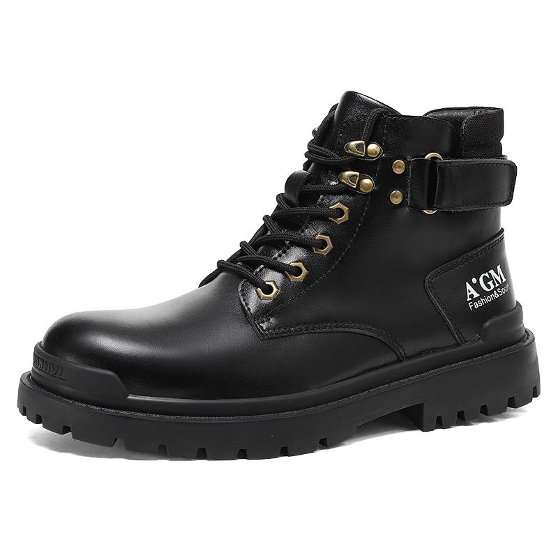 Trend Boots Men's Lace-up Thick-soled Wear-resistant Work Boots Fashion Casual Leather Boots High-top Outdoor Motorcycle Boots