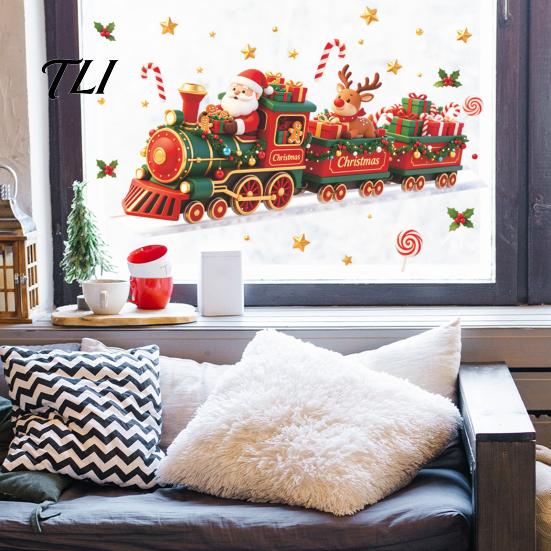 Christmas Window Clings Train Wall Sticker, Santa Claus Reindeer Decals, Self Adhesive Holiday Mural Murals, Removable PVC Art Decor for Home