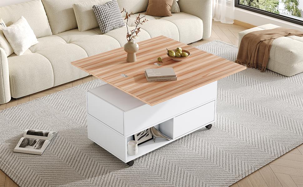 Mesa de Café de 100*50*52cm con 4 Ruedas, Mesa de Sala de Estar con 4 Cajones, Mesa de Café Elevable, Mesa para Sofá de Altura Ajustable, Blanco + Color Madera