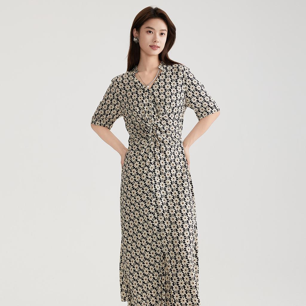 Gubang Printed V-neck Dress for Women In the Summer of 2026, with a Slimming and Waist Hugging Mid Length Chiffon A-line Skirt