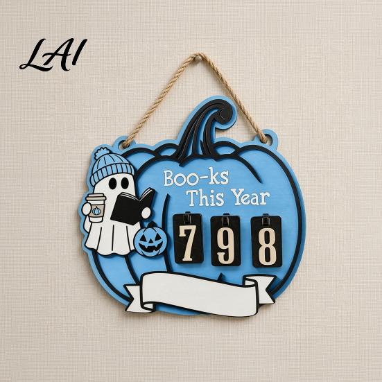 Halloween Reading Counter Ghost Pumpkin Tracker Wooden Hanging Sign Sliding Number for Book Read This Year Digital Spooky Decor with Jute
