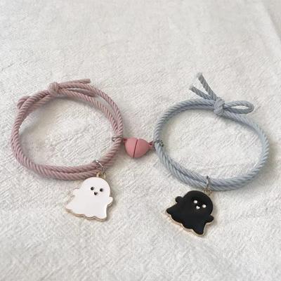Black & White Ghost Couple Bracelets with Heart Magnet - Bestie Rubber Bands Gift for Boyfriend, Halloween.