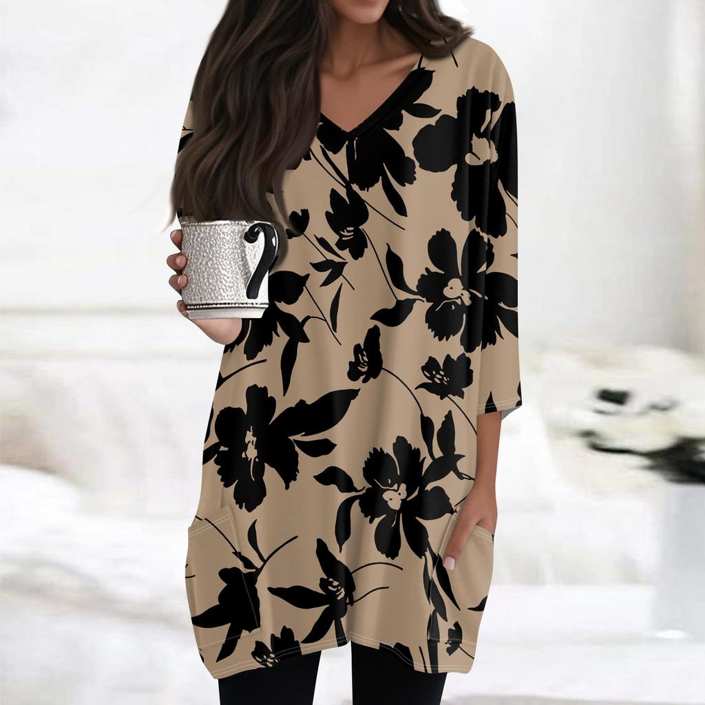Damen Casual V-Ausschnitt 3/4 Ärmel Vintage Blumendruck Top