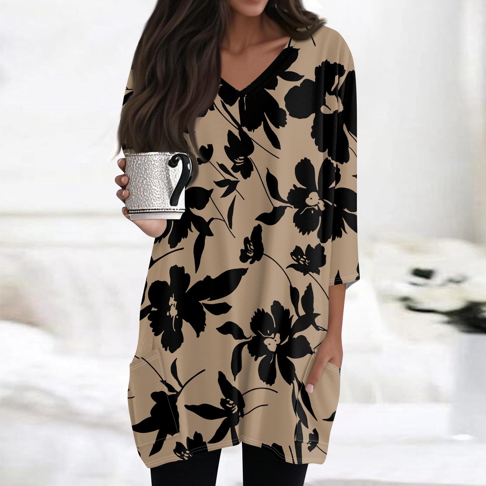 

Женский повседневный топ с V-образным вырезом и рукавом 3/4 с винтажным цветочным принтом XXL хаки