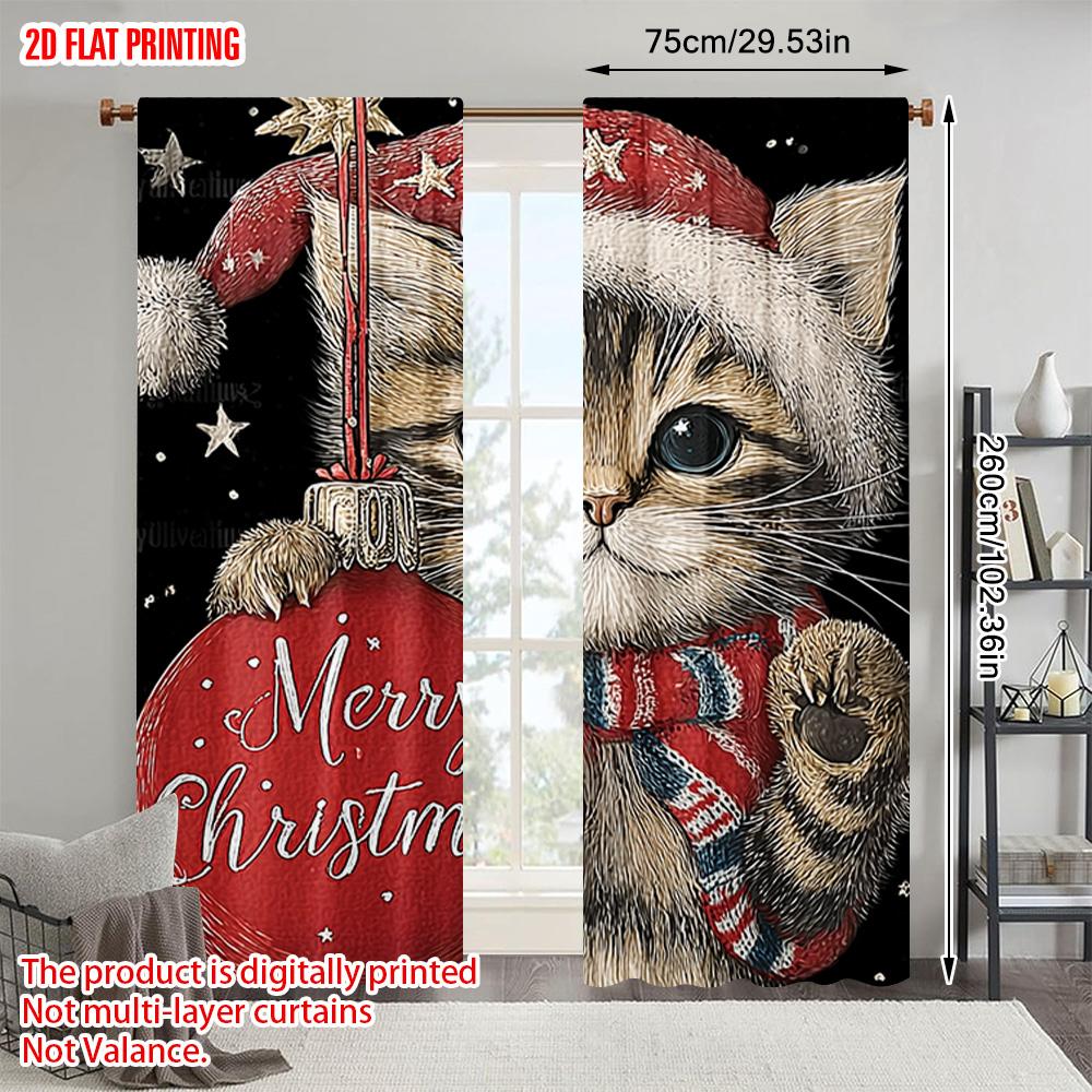 2pcs, plane printing Curtains&Window Treatment Santa Hat Red Cat_ Lantern & Snowflakes Versatile Polyester Fabric (without