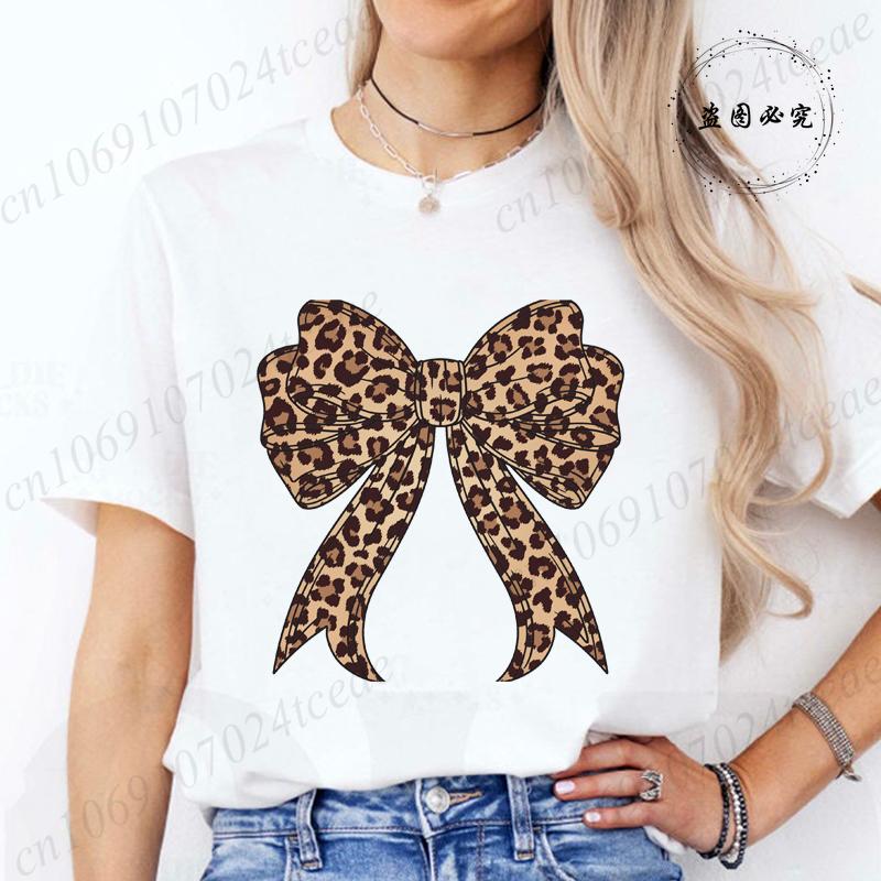 Coquette Bow Leopard Pattern Print TShirts Casual Summer Womens Short Sleeve TShirt Women Clothing Vintage Clothes Y2k Top