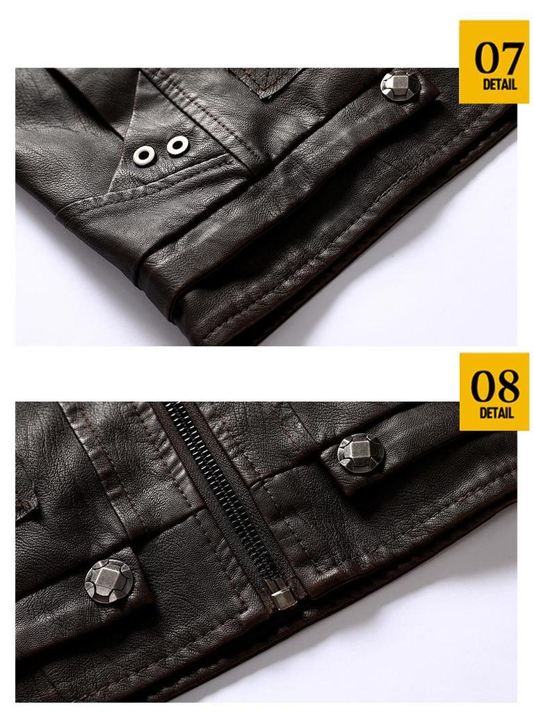 Herren Europäische & Amerikanische Slim Fit PU-Leder Motorradjacke mit Stehkragen und Plüschfutter