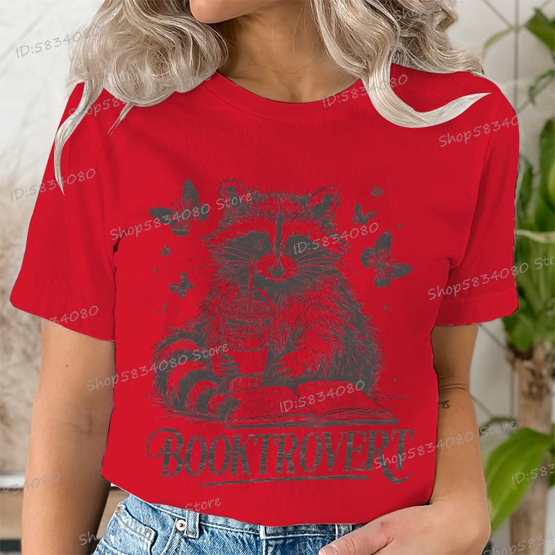 Funny Reading Raccoon Graphic T Shirts Women Booktrovert Essential Classic Tops Casual Book Lover Gift Tee Retro Bookish Clothes