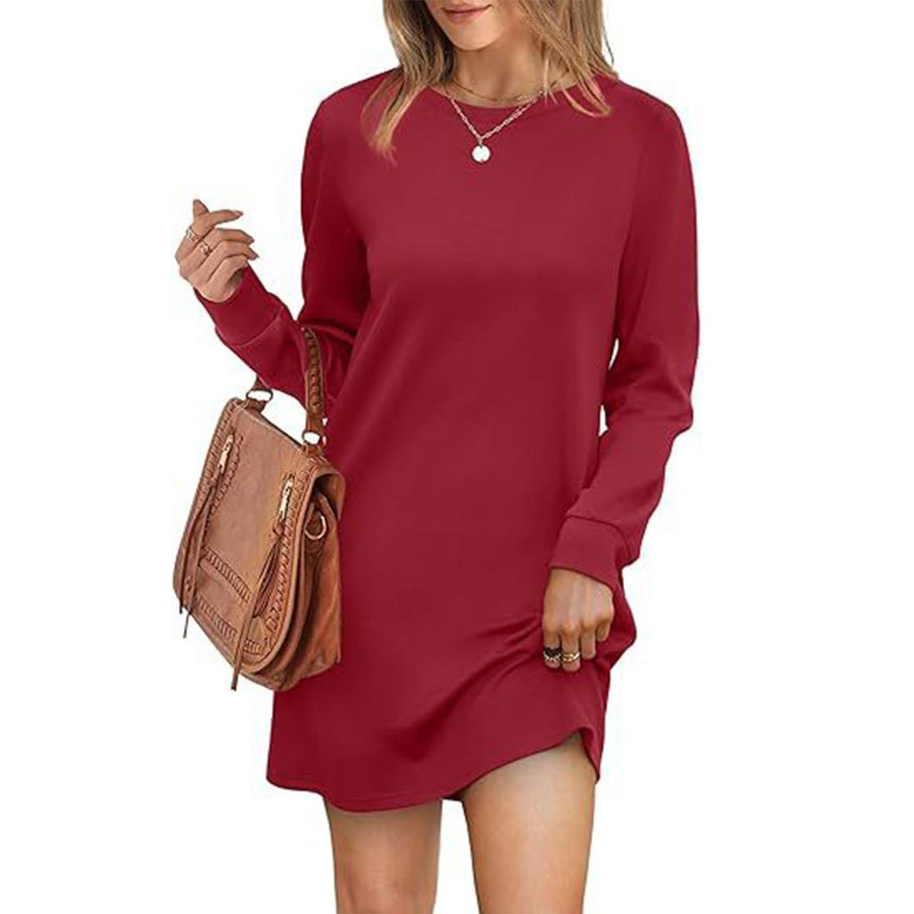 HNXC Women's Fashion Autumn Winter Solid Color Print Long Sleeve O-Neck  Casual Dresses
