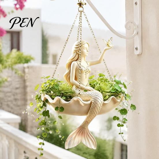 Decorative Succulents Holder for Balcony Ballet Dancer & Mermaid Hanging Planter, Resin Shell-Shaped Flower Pot with Metal Chains, Stylish Decor Patio