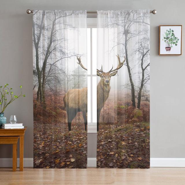 Deer Autumn Winter Forest Modern Sheer Curtains For Living Room Bedroom Tulle Curtains Window Voile Curtain Kitchen Hotel Decor