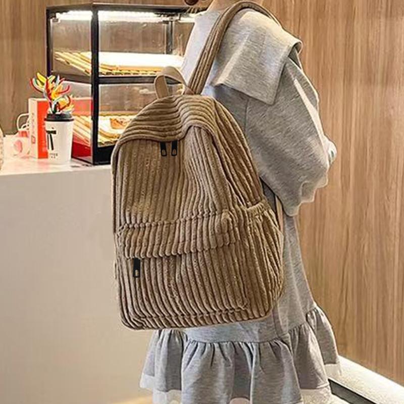 Chic Stylish Corduroy Backpack Multi- Adjustable-Strap Lightweight for Daily Commute Casual Functional Stylish Bag