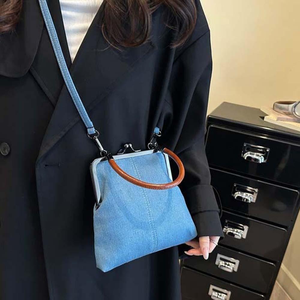 Elegant Kiss Lock Shoulder Bag Solid Color Large Capacity Denim Blue Crossbody Bag Messenger Pouch Purse Vintage Women's Handbag