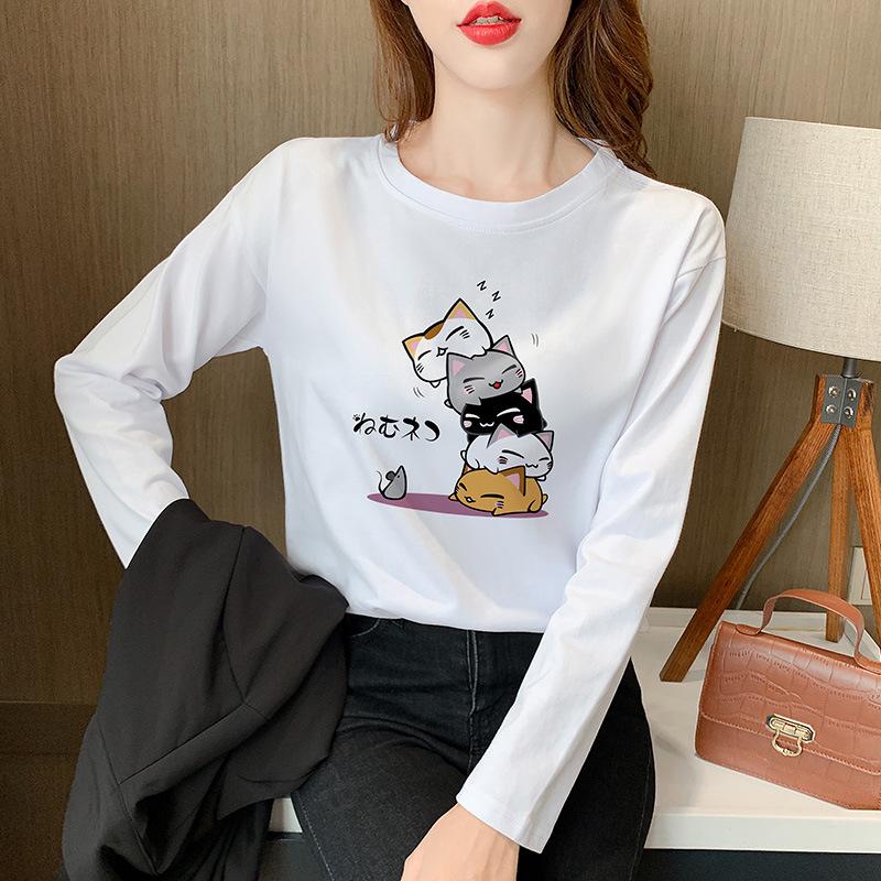 T-shirt ample à manches longues en pur coton pour femme - Nouveau pour Printemps/Automne 2024, Design amincissant couvrant le ventre