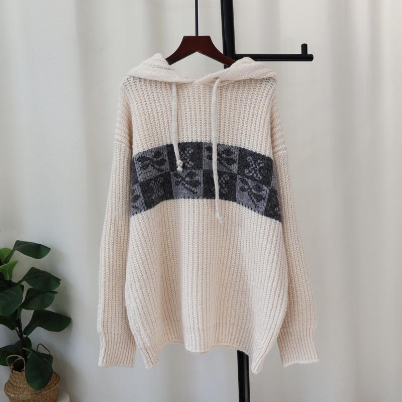 Retro Hong Kong-style Hooded Sweater Pullover Autumn and Winter New Thickened Medium and Long Loose Knitted Sweater Top Women