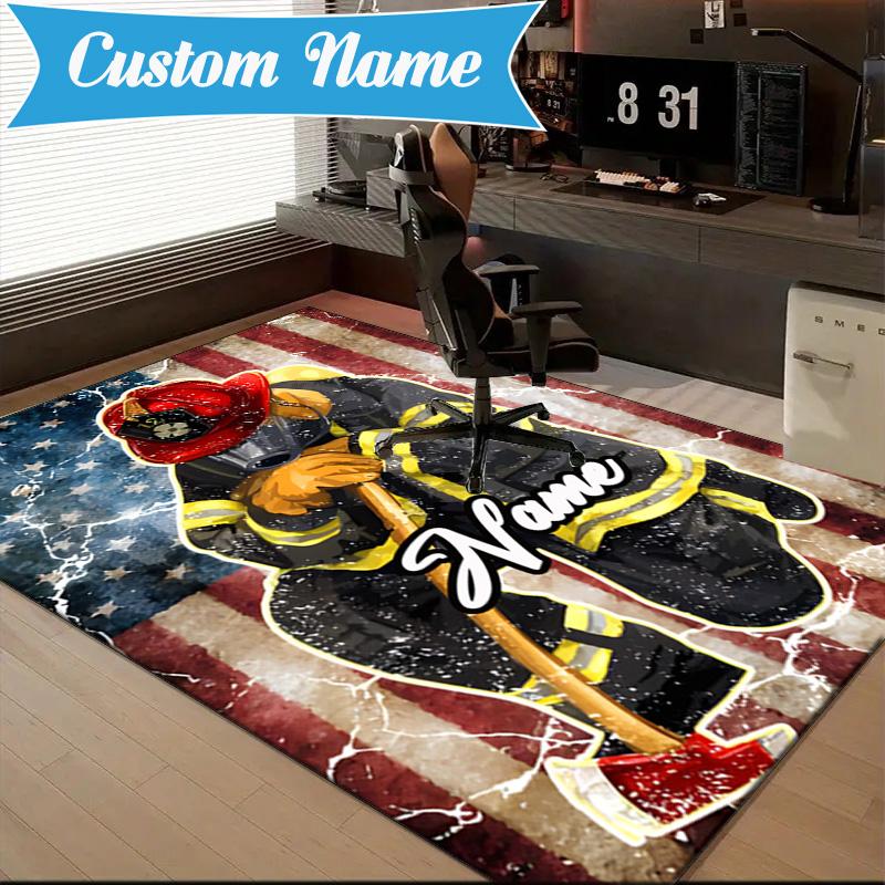 Custom Name Firefighter Pride Rug for Living Room, Game Rooms, Office, Bedroom, Floor Mat Playful Design, fan gifts Christmas decor
