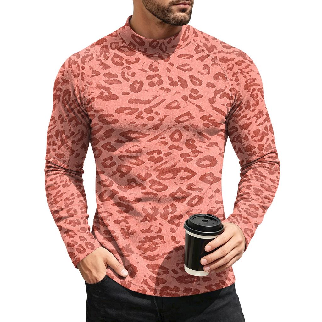 Men's Leopard Print Long Sleeve Crewneck Base Layer Shirt for Fall Winter Everyday Wear