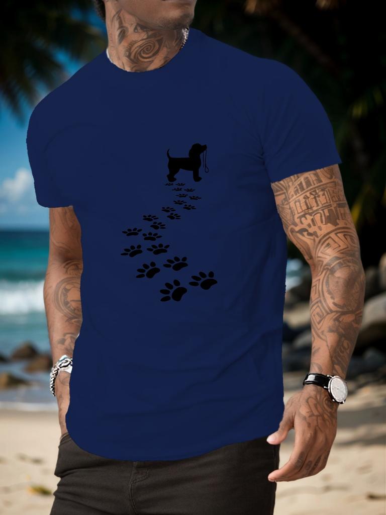 Cute Dog Silhouette And Following Paw Marks Front Graphic Print Unisexs Crew Neck Short Sleeve Tee Casual Daily Soft Basic Wear Top