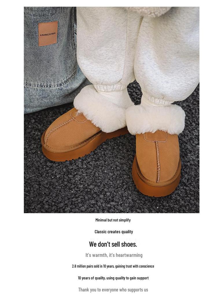 Women's Furry Leather Snow Boots - Thick Sole, Closed Toe, Non-Slip, Warm Slippers