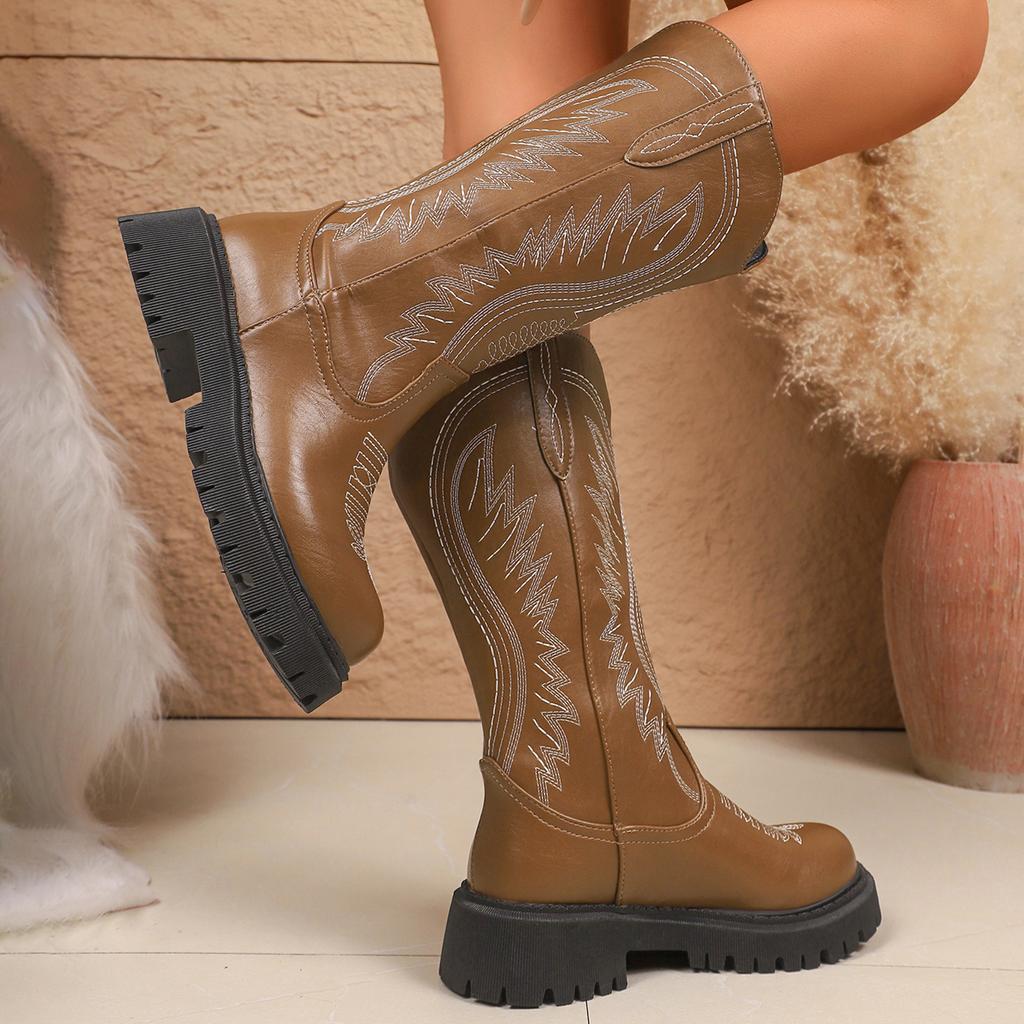 Braune Stickerei Plateau Mid-Calf Stiefel für Damen Vintage Slipper Dicke Sohle Westernstiefel Frau Herbst Winter PU-Leder Botas