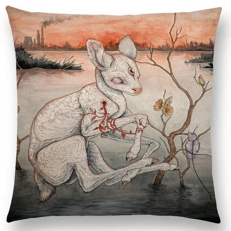 Dark Creatures Mysterious Mythical Beasts Sofa Pillow Case Cat Deer Bird Fox Tiger Snake Cushion Cover
