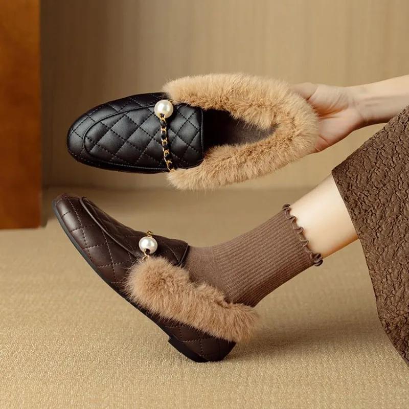 Fashion New Black Brown Autumn Winter Plush Warm Casual Shoes Women's Fashionable and Comfortable Low Heeled Cowhide Warm Cotton Shoes
