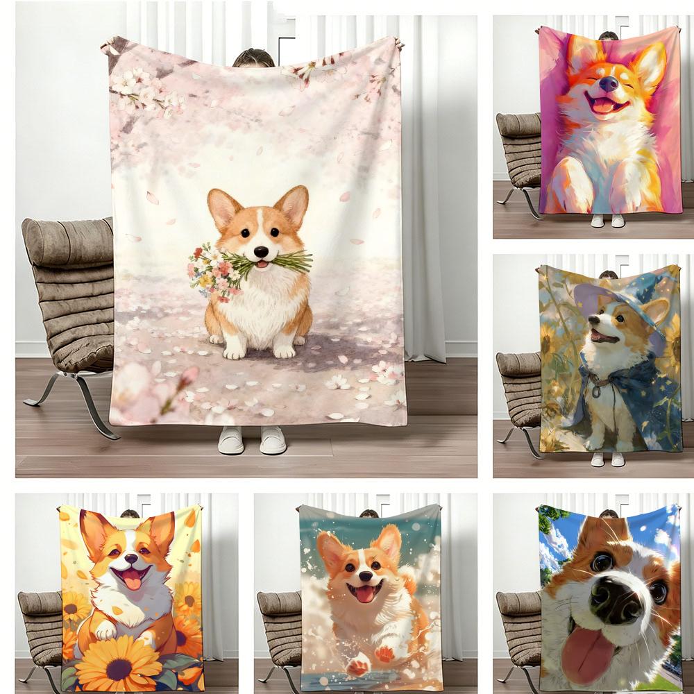 Cute Cartoon Calming Anima Corgi Throw Lightweight 240g Flannel Blanket Soft Skin-friendly for Summer Cooling
