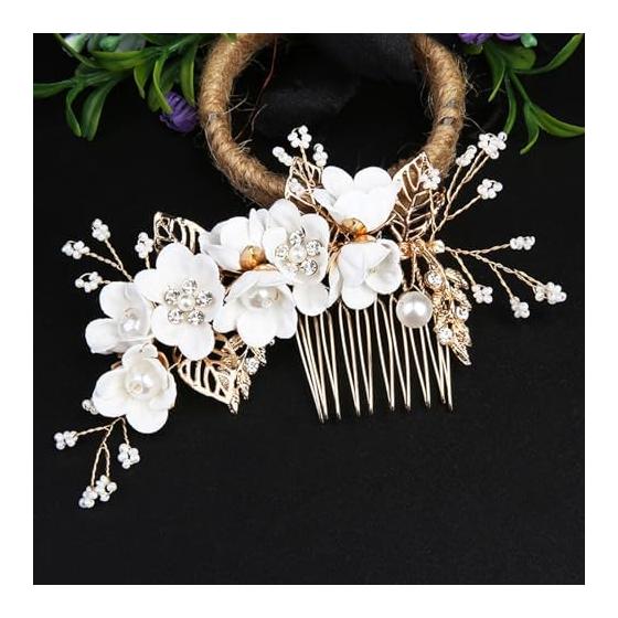 4-Piece Hair Accessory Set for Women - Sparkling Floral Hair Clips & Combs for Kimono, Wedding, Parties, Formal Occasions - White