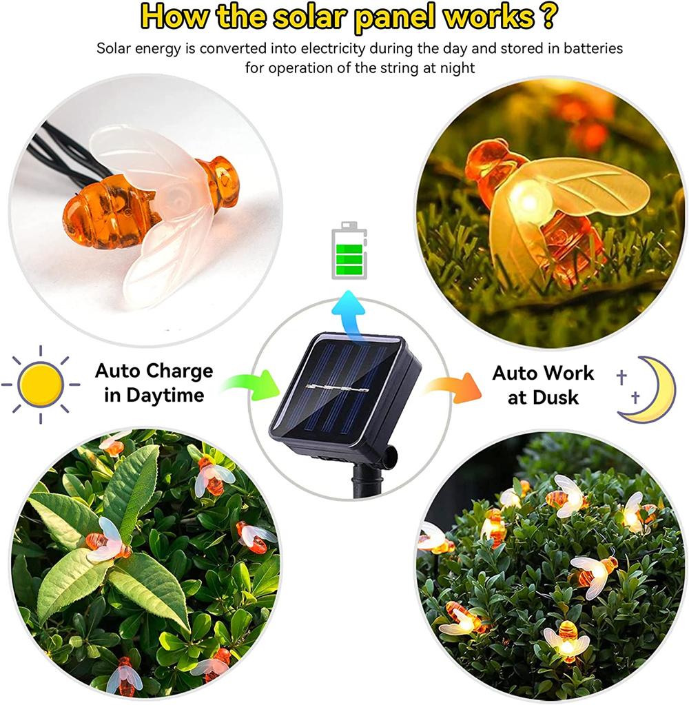 Solar Honeybee LED String Lights Outdoor Waterproof 8 Modes Fairy Light For Garden Patio Tree Christmas Yard Holiday Decor