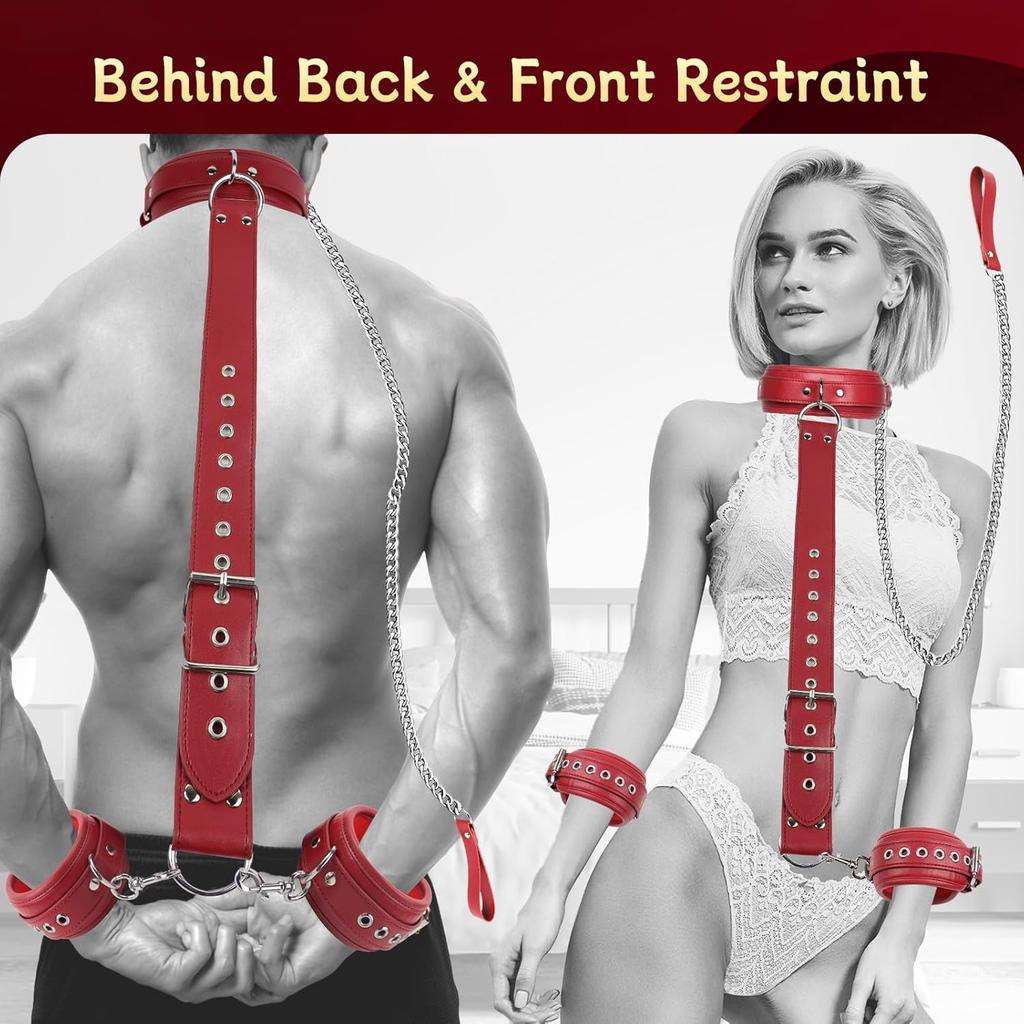 BDSM Bondage Restraints Set Couples Sex Toy Neck Wrist Restraints Kit with Traction Chain Back Handcuffs Collar Adjustable Bondage Gear Accessories