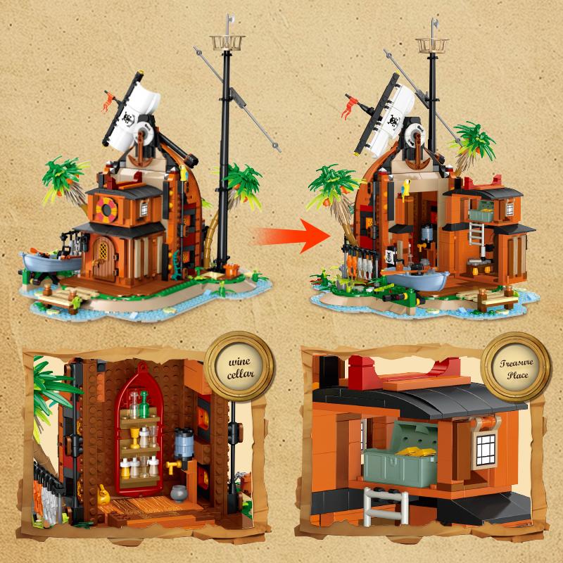 1035Pcs Pirate Building Blocks Series: Shipwreck Base Diy Assembly Toy, Creative Home Decor, Kids Birthday Toy Gift