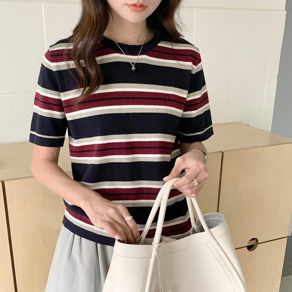 Women s T-shirt Summer Short-sleeved Striped Knitted Round Neck Women s Blouse Loose Fashion T-shirt Pullover M