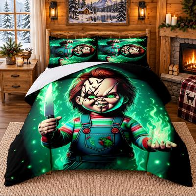 Juego de Ropa de Cama con Estampado de Chucky de 3 Piezas, Sábana y Fundas de Almohada para Dormitorio Interior