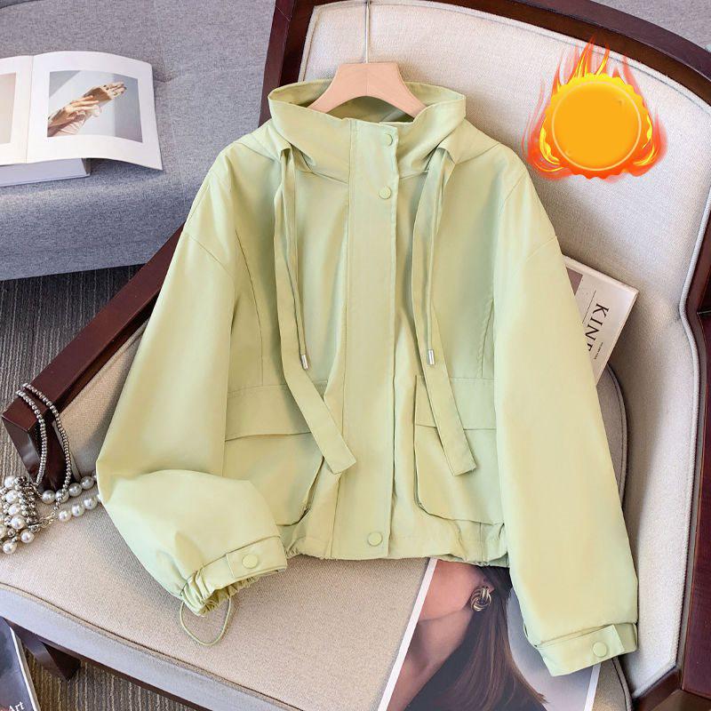 Giacca Corta con Cappuccio Donna Primavera Autunno Ispessita Lady Larga Sottile Giacca da Lavoro Top Monocolore Casual Studente Zip Capospalla