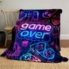 Neon gaming symbols with "game over" text on a dark cosmic background. for all seasons blanket lunch break throw gift