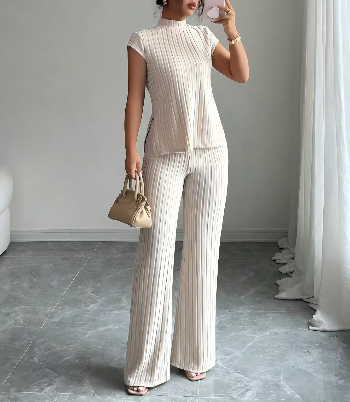 Women s Casual Solid Color Short Sleeve Top & Ribbed Pants Set S коричневый