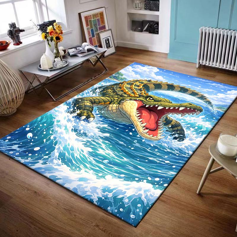 Ferocious crocodile in splashing water Non-slip rug suitable for living room and bedroom sofas