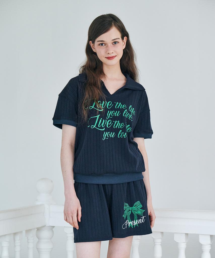 Metapeo Met Summer Knit Ribbon Print Short Sleeve Shorts Set