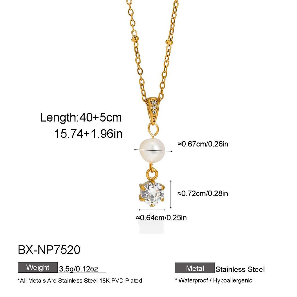 European & American High-End Y-Shaped Zirconia Necklace with Natural Pearl & Stainless Steel for Women