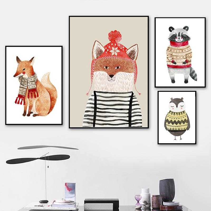 Fox Rabbit Bear Deer Nursery Wall Art Canvas Painting Posters Cartoon Animal In Sweater Print Wall Pictures Baby Kids Room Decor