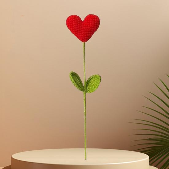 Virkat Hjärta Pinnar Handgjord Stickad Röd Hjärta Bukett med Gröna Blad Alla Hjärtans Dag Vasfyllning för Bordscenterpiece Heminredning